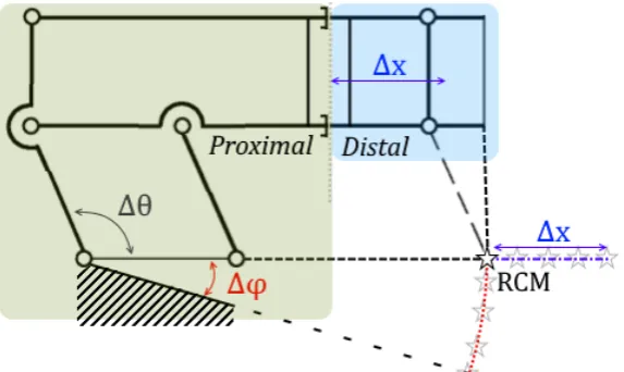Figure 3.5: Principle of RCM positioning with variation of angle ∆φ and length ∆x