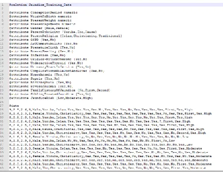 Figure 4:  arff file containing identified attributes after data pre-processing  Results of the Naïve Bayes’ classifier 