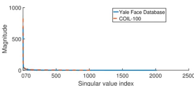 Figure 2.4: Singular value plots for the Extended Yale Face database and the COIL-100 dataset.
