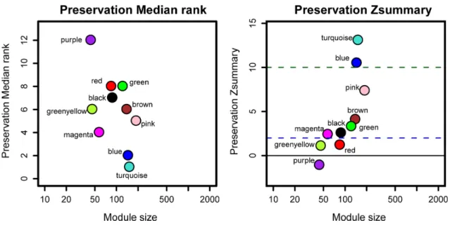 Figure 5: Module-feature associations.  Each row corresponds to a module Eigengene and each column to a clinical feature