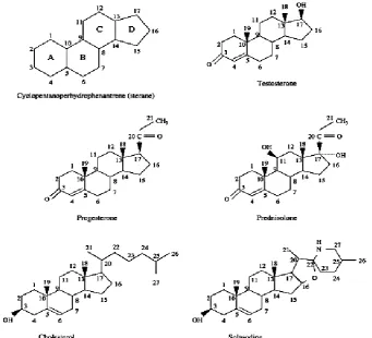 Figure 1: Sterane, which is the parent ring structure of steroid compounds withe structures of some representative steroids