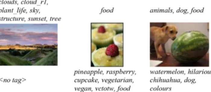 Fig. 5. Samples from the MIR-Flickr dataset. The top words are the annotations and  the words behind each image are tags written by users