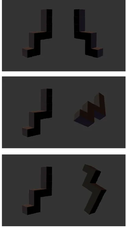 Figure 3-4   Examples of the mental rotation stimuli. The six mental rotation objects consisted  of 9 or 10 solid cubes attached face-to-face to form a rigid structure with 3 right-angled elbows