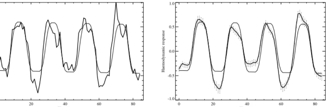 Figure 6: Left: Least squares estimate of the haemodynamic response, assuming a known
