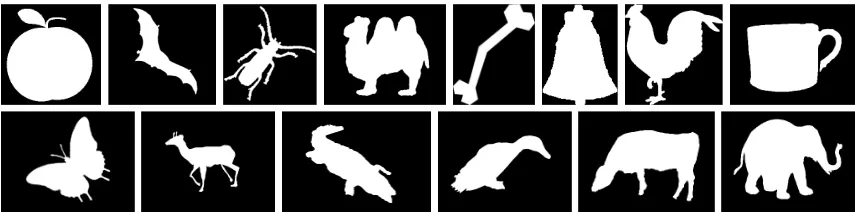 Figure 7: Some examples from the MPEG-7 (top) and Animal (bottom) 2D shape datasets.