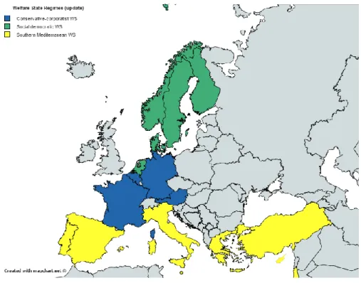 Figure 2: Esping-Anderson and Gal Welfare State Regime. Source: from http://mapchart.net/