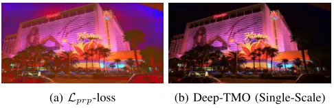 Fig. 2: Comparison between CNN (encoder-decoder) with Lprp-loss(perceptual) and DeepTMO (single-scale).