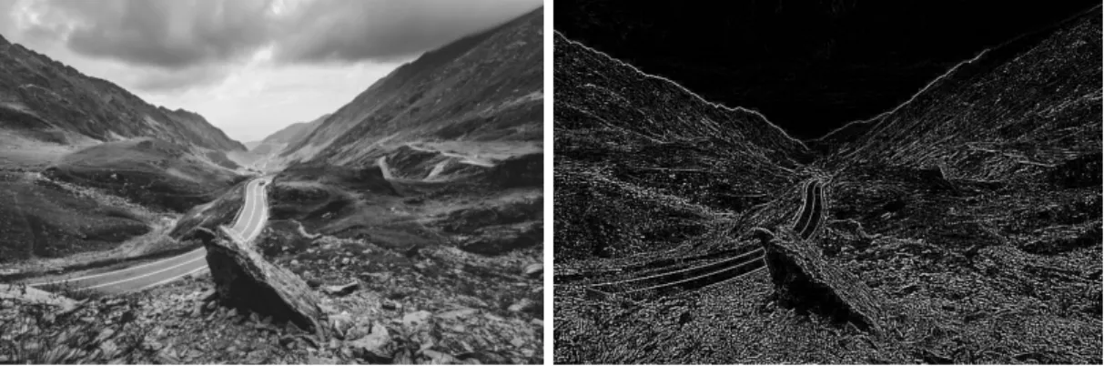 Figure 2.8: An example convolution of an image with an edge detecting kernel. Left shows the original image and right shows the feature map after convolution with a filter containing the values: h −1 −1 −1