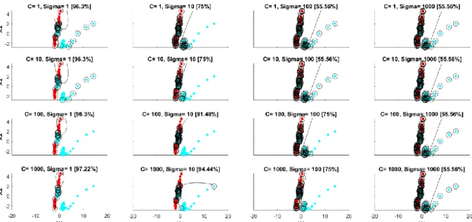 Figure 5: Binary classification of EMG data with an SVM with RBF kernel. C and 