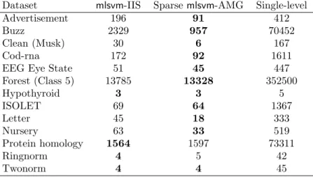 Table 2.4: Comparison of computational time for single- (LibSVM) and multilevel (mlsvm-IIS and sparse mlsvm-AMG) solvers in seconds