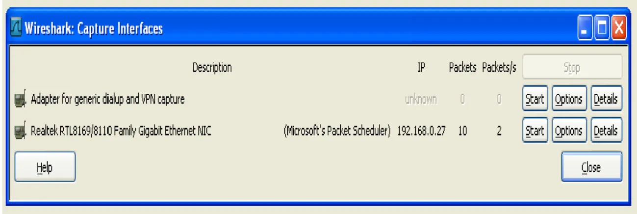 Figure No 5 Wireshark Capture Interfaces  This main display window of Wireshark has three panes