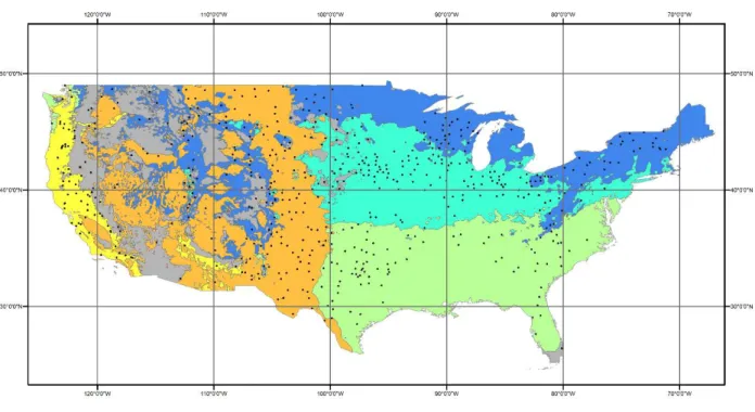 Figure 1:  Map of CONUS showing: (i) Koppen-Geiger climatic classification groups included in the study, from Peel et al