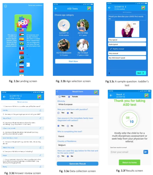 Fig. 3.3a Landing screen  Fig. 3.3b Age selection screen  Fig 3.3c A sample question: toddler’s  test 