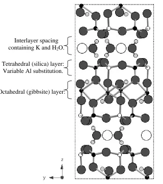 Figure 1  Schematic structural picture of a 2:1 clay mineral such as illite.  