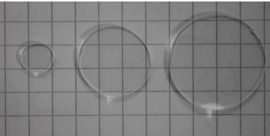 Figure 4.8: Minimum and maximum sized circles achieved with laser cutting. Laser parameters:Repetition rate = 300 kHz, power=2.65 W, scanning speed = 0.5-1 mm/s, NA=0.04.