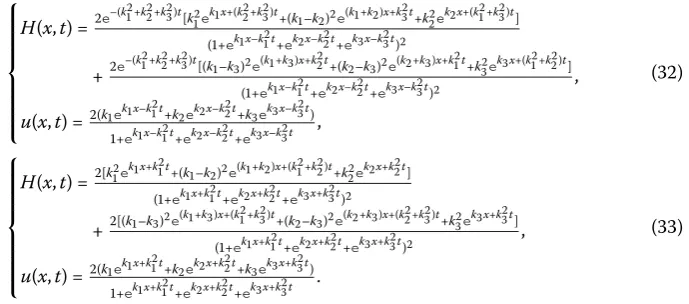 Figure 2 Plots of the solution described by Eq. (29). (a) The two soliton solutions H(x,t) for k1 = 0.4,k2 = 0.8