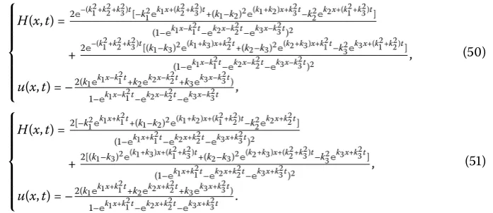 Figure 5 Plots of the solution described by Eq. (47). (a) The two singular soliton solutions H(x,t) fork1 = 0.4, k2 = 0.8