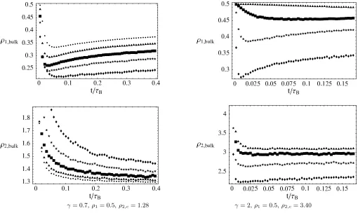 FIG. 6: Finite size eﬀects in phase B. ρ1,bulk shown on the top is smaller than its limiting value ρ1 = 0.5 for L → ∞ since onspecies 2 cluster sites k1 ∼ L1/(1+γ)