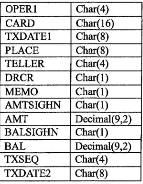 Table 3-5 Selected Data fields of Credit card transaction Database OPERl CARD TXDATE1 PLACE TELLER DRCR MEMO AMTSIGHN AMT BALSIGHN BAL TXSEQ TXDATE2 Char(4) Char(16)Char(8)Char(8)Char(4)Char(l)Char(l)Char(l) Decimal(9,2)Char(l)Decimal(9,2)Char(4)Char(8)