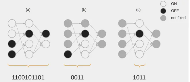 Figure 3.1: Illustration of (a) an activation pattern, (b) a decision pattern, and (c) a layer pattern of a sparse FFNN with (4,4,2) neurons and ReLU as its activation function