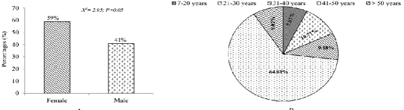 Figure 1. Rates of gender (A) and ages groups of the oranges consumers investigated.  X2, Chi square statistical value; P, statistical probability value