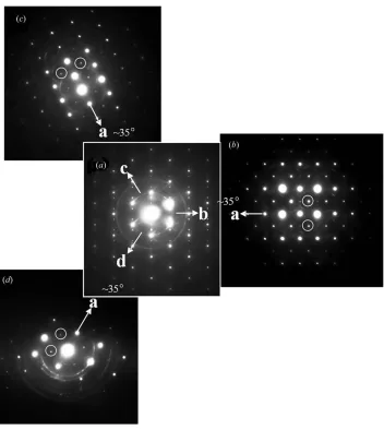 Figure 11Results of the second tilt experiment for PbZrO3. (a) The central h111i ZADP, (b), (c) and (d) h110iZADPs with superstructure reﬂections (ringed).