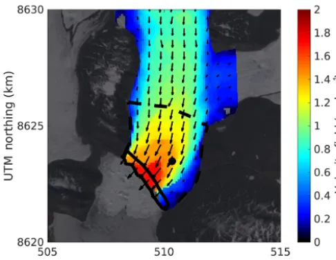 Figure 3. Average velocity ﬁeld between 14 June and 1 August in-ferred by feature tracking from LANDSAT satellite images