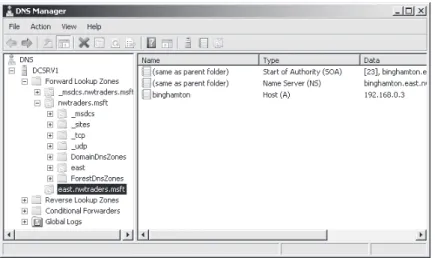 figure 3-33  East.nwtraders.msft is a stub zone of a child zone hosted on remote server.