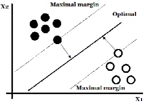 Figure 2 - SVM with a maximal margin hyperplanes and optimal hyperplane 