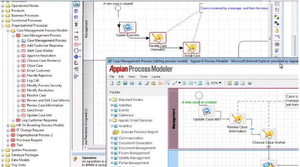 Figure 5 illustrates what this looks like.  The background shows the Appian Process Architect by  MEGA modeling editor as it appears within the MEGA BPA environment; it can also be used  independent of the other MEGA modules