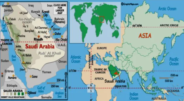 Figure 1: Map of Saudi Arabia (Source: http://www.worldatlas.com)  Economically, Saudi Arabia was dependent on Hajj or pilgrimage, farming,  fishing, and safe trades for business