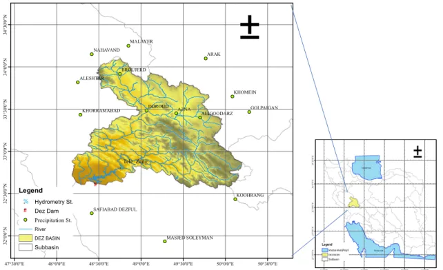 Figure 1. Location of the Dez dam and the precipitation stations in Iran. 