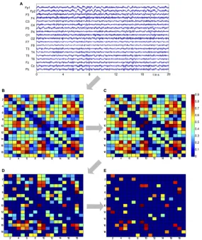 Figure 5.1: Illustration of the procedure to derive the functional network structure. A: An artefact-free 20s resting-state segment of EEG from each subject is extracted