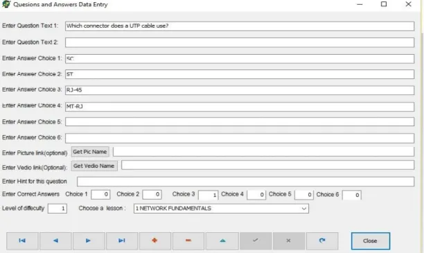Fig 2: Form for Entering questions and answers for each lesson. 