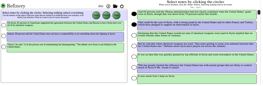 Figure 3: Reﬁnery’s phrase extraction feature. Left: User has selected some initial phrases relatedto the war in Syria from news articles