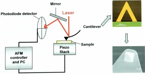 Figure 1.13 A schematic of a typical AFM experim~ntal .apparatus showing a V-shapedsilicon nitride cantilever with a close up of the pyramidal tip.