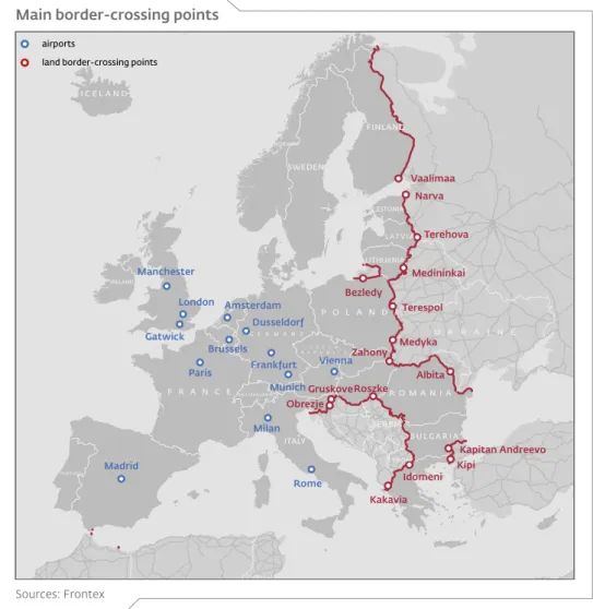 Figure 1.  There is no systematic reporting of passenger flow across the EU’s external  borders, but partial information provided by Member States shows the possible  border-crossing points (BCPs) with the largest flows of passengers through the external b