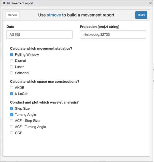 Figure 1: Rstudio AddIn Menu. A screenshot of the stmove Report Builder add-in. This interactive menu guides users of the package within RStudio through the customization of their movement reports.