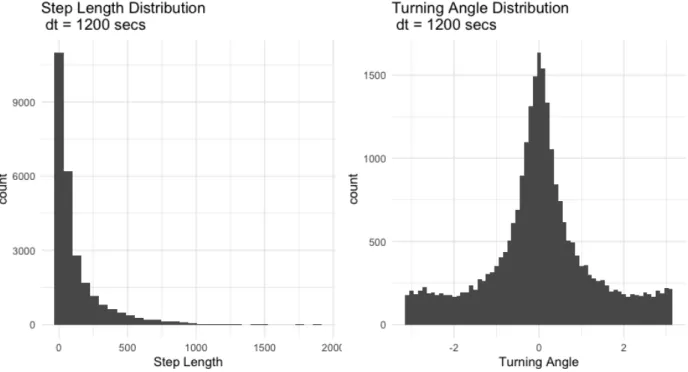 Figure 5: Step Size and Turning Angle Distributions. stmove reports include two histograms visual- visual-izing the distributions of primary movement metrics step size and relative turning angle.