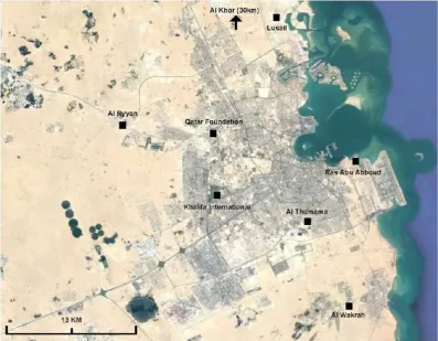 Figure 3. The location of the eight planned stadiums in Doha  (source: adapted by the author from Google Maps)
