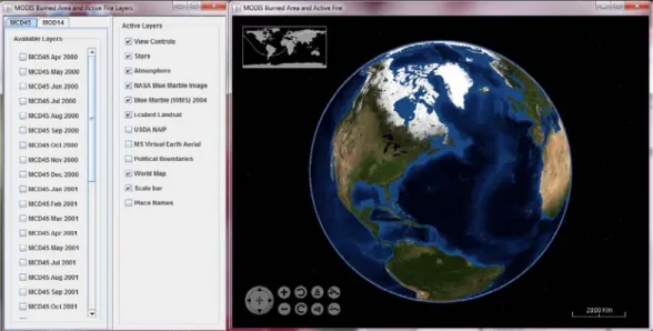Figure 1: the main World Wind view window (on the right) and the interactive "MODIS  Burned Area and Active Fire Layers" window (on the left) 