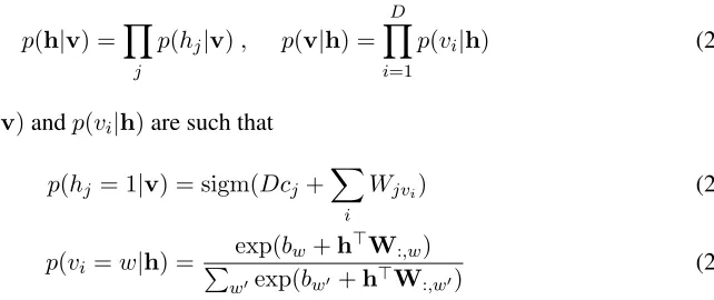 Figure 7: Replicated Softmax model. Each multinomial observation vi is a word. Connectionsbetween each multinomial observation vi and hidden units are shared.