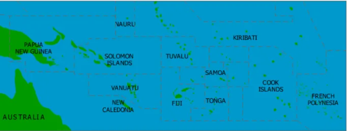 Figure 2.1: South Pacific Countries territory with Palau, Micronesia and the Marshall Islands