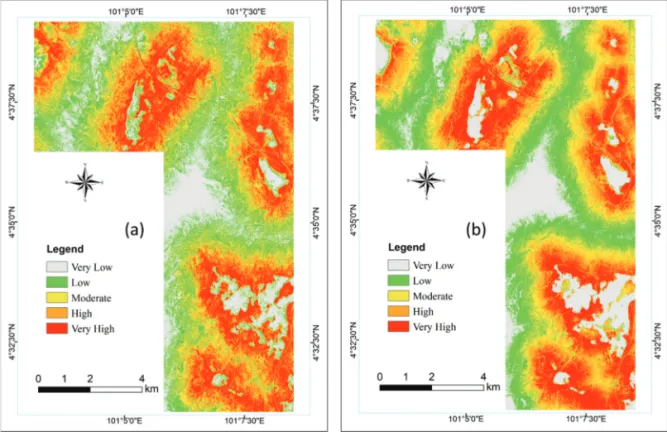 Fig. 7.  Probability maps of (a) landslide and (b) rockfall occurrences.