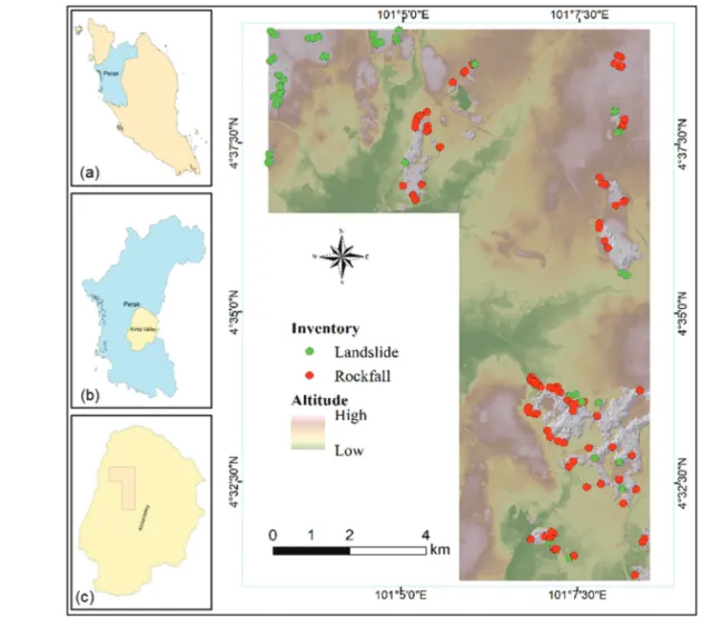 Fig. 1.  Study area (a) Malaysia, (b) Perak State, (c) Kinta Valley, and (d) Ipoh.