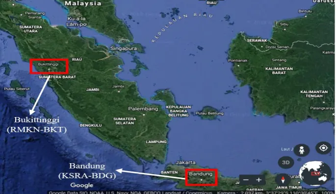 Figure 1: Location of extraction of German cockroaches in field strains from Bukittinggi (RMKN-BKT1) and  Bandung (KRSA-BDG1) (Source: Google Earth, 2019)