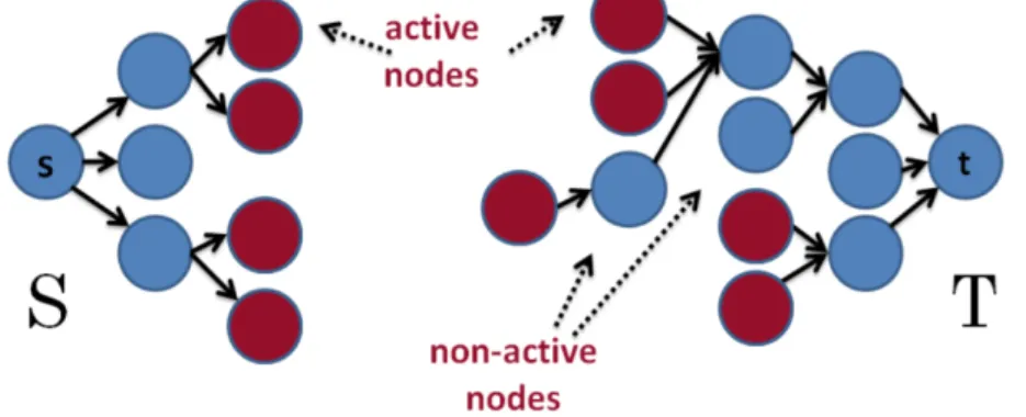 Figure 2.3: An example of trees S and T in BK algorithm. Non-active and active nodes are marked as blue and red respectively.