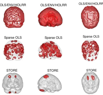 Figure 3: Analysis of the ABIDE data. The response is a 3D brain image tensor. Shownare the estimated coeﬃcient tensor overlaid on a randomly selected brain image.Top row: OLS/ENV/HOLRR, middle row: Sparse OLS, bottom row: STORE.Left column: front view, middle column: side view, right column: top view.