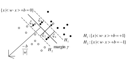 Figure 3.2 Linear separating hyperplanes for the non-separable case 