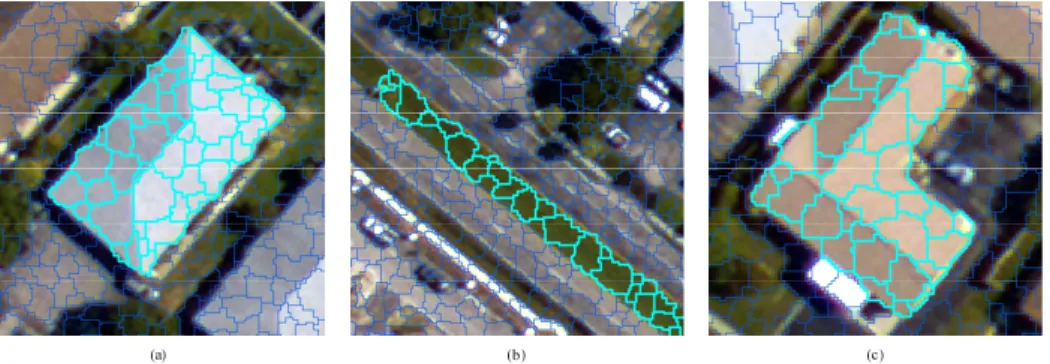 Figure 1. Performance example of a target’s objects in a remote sensing image scene,   (a) “Rectangle”-building; (b) “Line-shape”-meadow; and (c) “L”-building